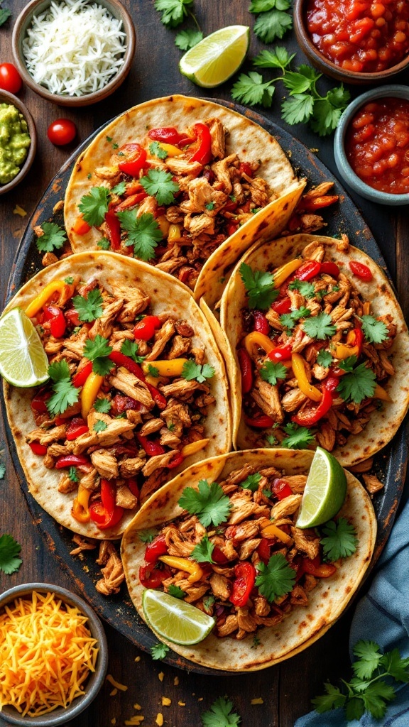 A serving of chicken fajitas in tortillas with bell peppers and onions, topped with cilantro and lime.